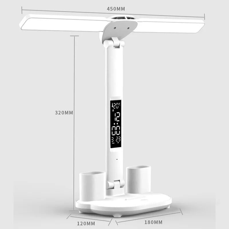 LED Clock Table Lamp USB Chargeable Touch Desk Lights 2 Heads 180 Rotate Foldable Eye Protection Desktop Reading Night Lights