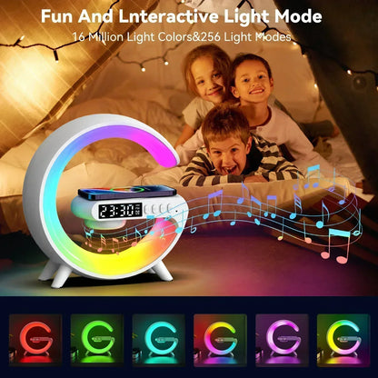 Wireless Charger Pad Stand Stereo Bluetooth Speaker RGB Night Light Lamp Alarm Clock Fast Wireless Charging Dock Station