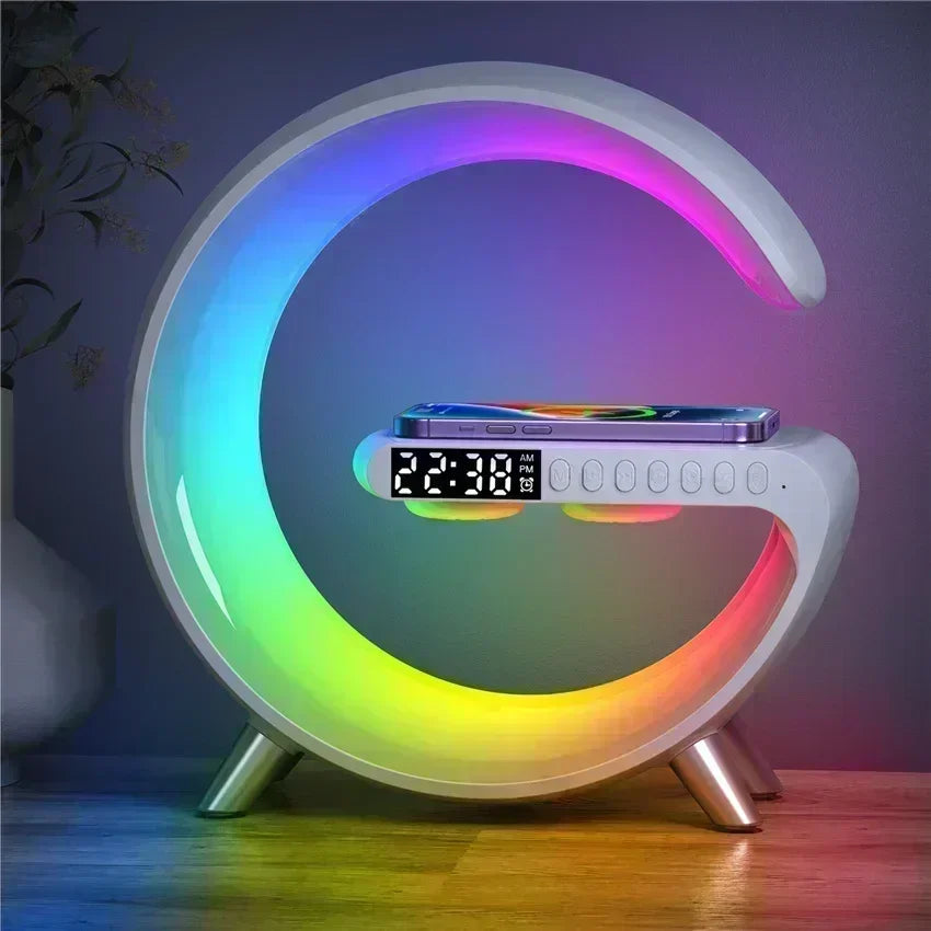 Wireless Charger Pad Stand Stereo Bluetooth Speaker RGB Night Light Lamp Alarm Clock Fast Wireless Charging Dock Station