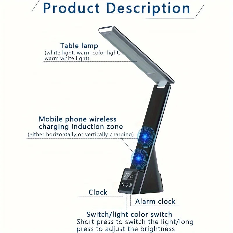 Five-in-one Foldable Desk Lamp Wireless Charger, with Clock and Alarm Function, Multiple Devices Can Be Charged At The Same Time