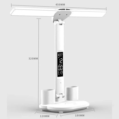 LED Clock Table Lamp USB Chargeable Dimmable Desk Lamps 2 Heads 180 Rotate Foldable Eye Protection Desktop Reading Night Lights