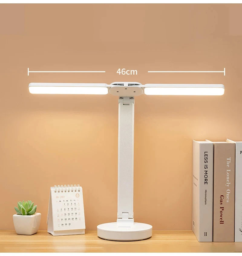 LED Clock Table Lamp USB Chargeable Dimmable Desk Lamps 2 Heads 180 Rotate Foldable Eye Protection Desktop Reading Night Lights