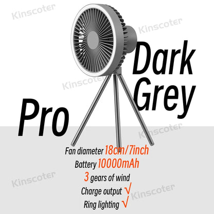 10000mAh Camping Fan Rechargeable Desktop Portable Air Circulator Wireless Ceiling Electric Fan with Power Bank LED Light Tripod