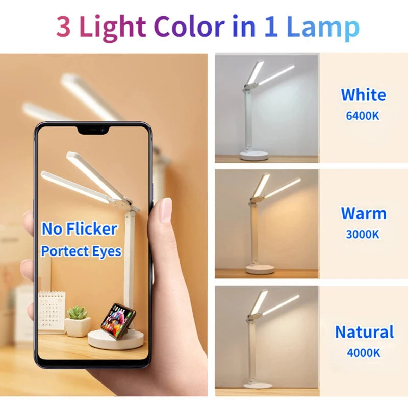 LED Clock Table Lamp USB Chargeable Dimmable Desk Lamps 2 Heads 180 Rotate Foldable Eye Protection Desktop Reading Night Lights