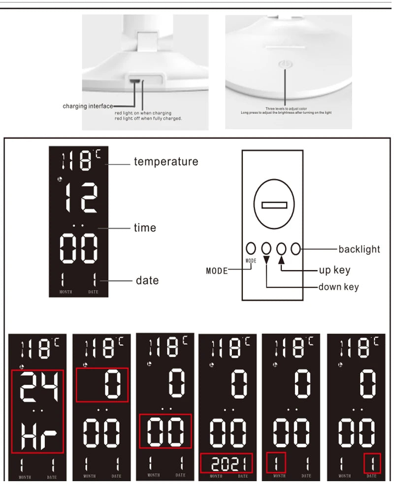 LED Clock Table Lamp USB Chargeable Touch Desk Lights 2 Heads 180 Rotate Foldable Eye Protection Desktop Reading Night Lights