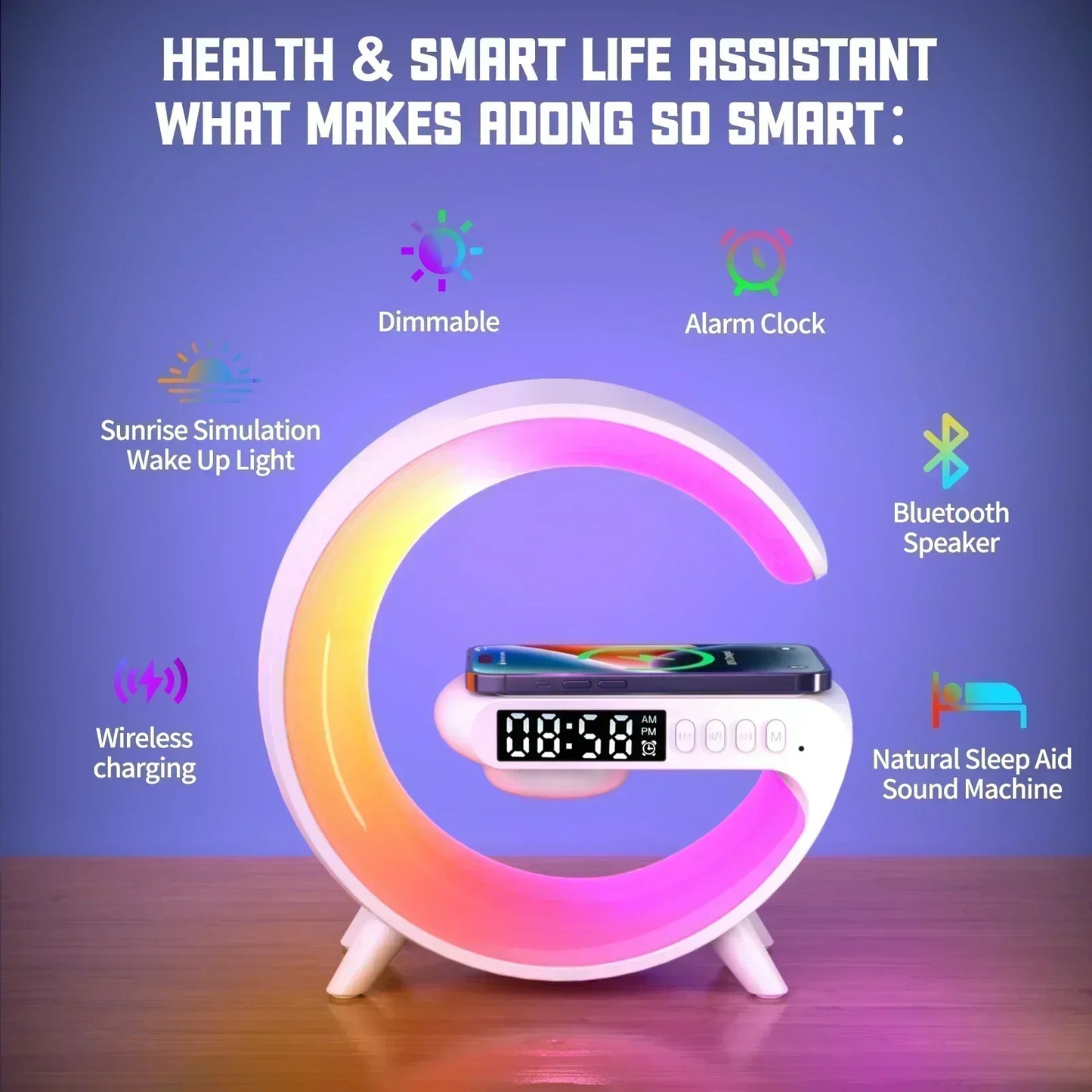 Wireless Charger Pad Stand Stereo Bluetooth Speaker RGB Night Light Lamp Alarm Clock Fast Wireless Charging Dock Station