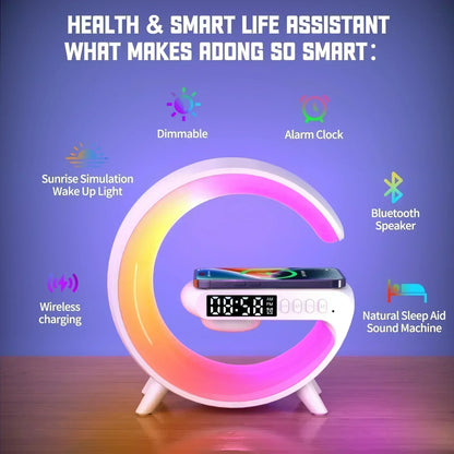 Wireless Charger Pad Stand Stereo Bluetooth Speaker RGB Night Light Lamp Alarm Clock Fast Wireless Charging Dock Station