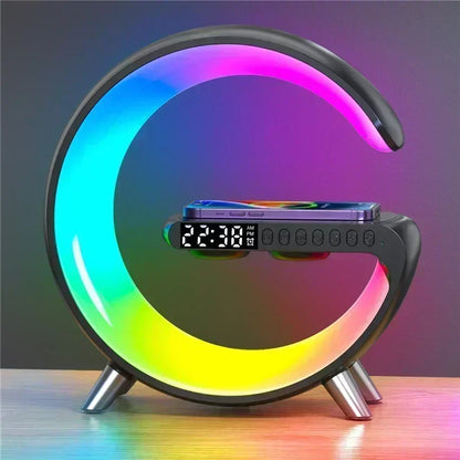 Wireless Charger Pad Stand Stereo Bluetooth Speaker RGB Night Light Lamp Alarm Clock Fast Wireless Charging Dock Station