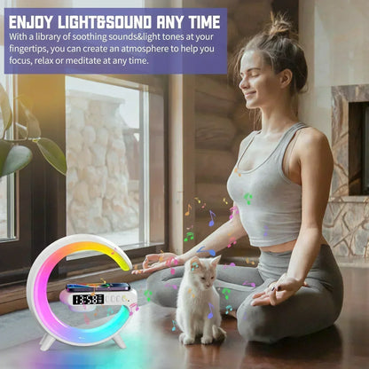 Wireless Charger Pad Stand Stereo Bluetooth Speaker RGB Night Light Lamp Alarm Clock Fast Wireless Charging Dock Station