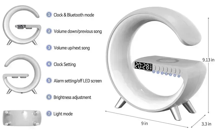 Wireless Charger Pad Stand Stereo Bluetooth Speaker RGB Night Light Lamp Alarm Clock Fast Wireless Charging Dock Station