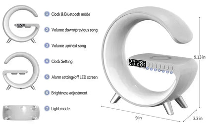 Wireless Charger Pad Stand Stereo Bluetooth Speaker RGB Night Light Lamp Alarm Clock Fast Wireless Charging Dock Station