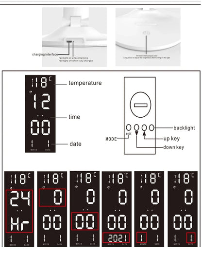 LED Clock Table Lamp USB Chargeable Dimmable Desk Lamps 2 Heads 180 Rotate Foldable Eye Protection Desktop Reading Night Lights