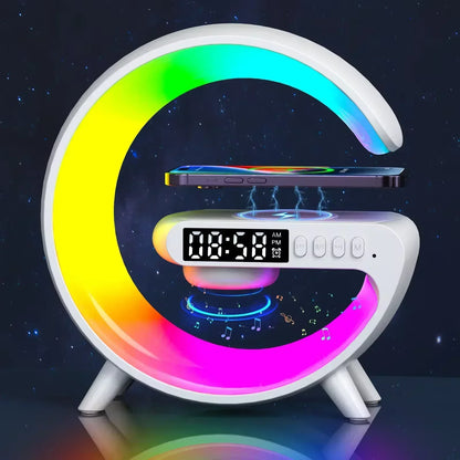 Wireless Charger Pad Stand Stereo Bluetooth Speaker RGB Night Light Lamp Alarm Clock Fast Wireless Charging Dock Station