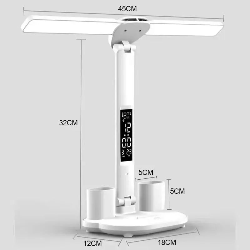 LED Clock Table Lamp USB Chargeable Touch Desk Lights 2 Heads 180 Rotate Foldable Eye Protection Desktop Reading Night Lights