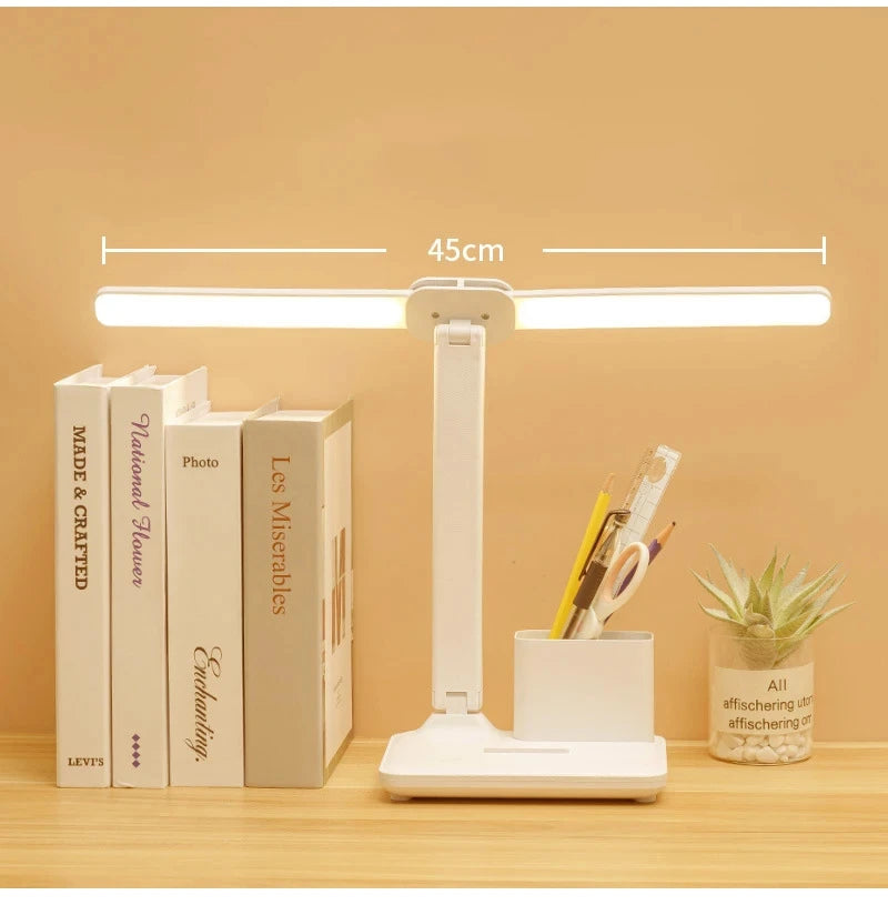 LED Clock Table Lamp USB Chargeable Dimmable Desk Lamps 2 Heads 180 Rotate Foldable Eye Protection Desktop Reading Night Lights