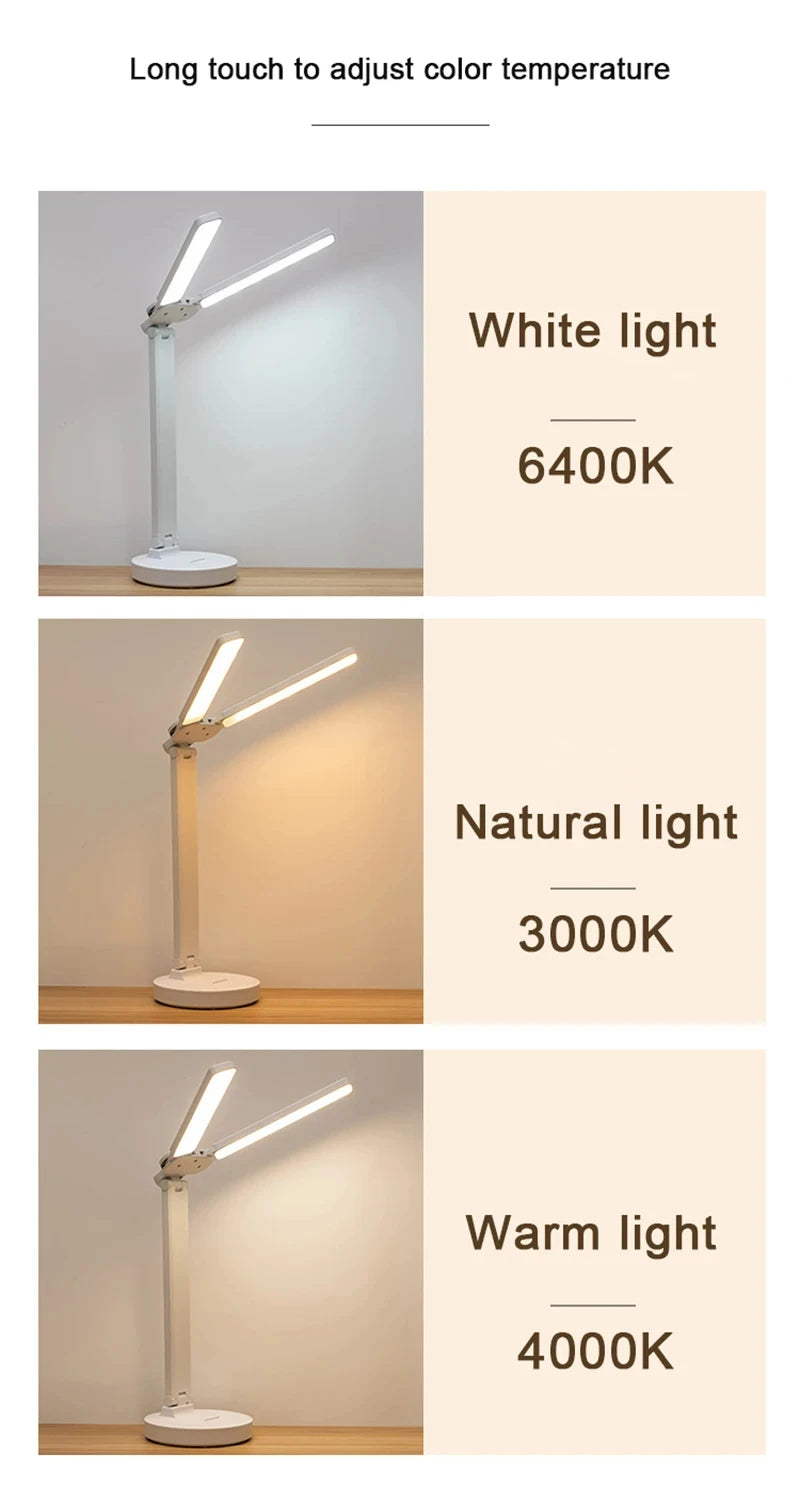 LED Clock Table Lamp USB Chargeable Dimmable Desk Lamps 2 Heads 180 Rotate Foldable Eye Protection Desktop Reading Night Lights